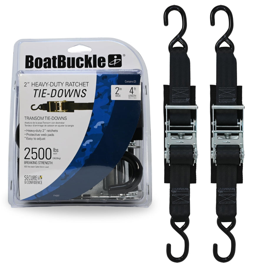Transom Boat Tie Down Straps BoatBuckle F14207 to Trailer, 2-In x 4-Ft, 2-Pack, 2500lbs Break Strength Each, Heavy Duty Ratchet Straps Transom Tie-Downs, Zinc-coated Steel Ratchet & Rubberized S-Hooks