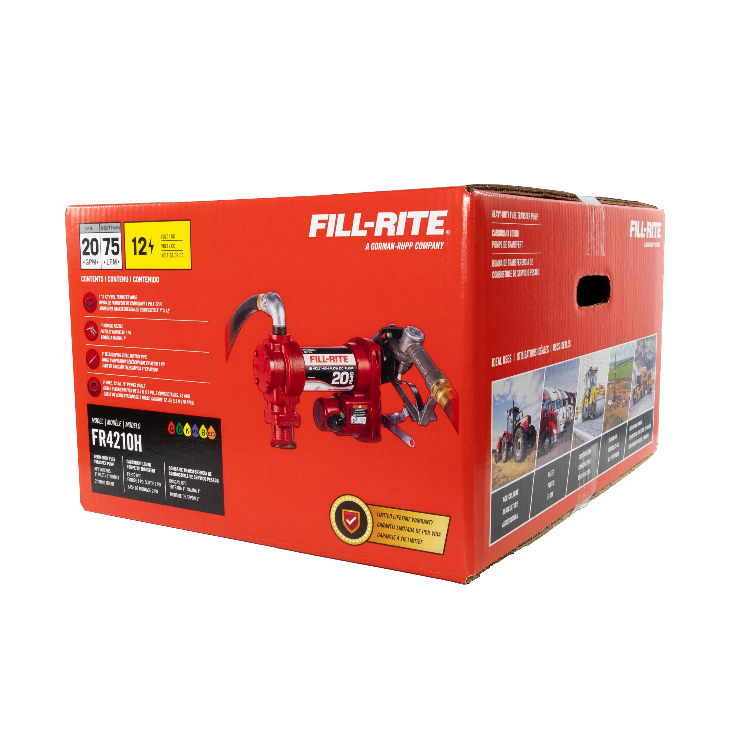 12V Fill-Rite FR4210H 20 GPM Fuel Transfer Pump with Discharge Hose & Manual Nozzle | Gasoline, Diesel, Kerosene, Ethanol & Methanol Blends & Biodiesel