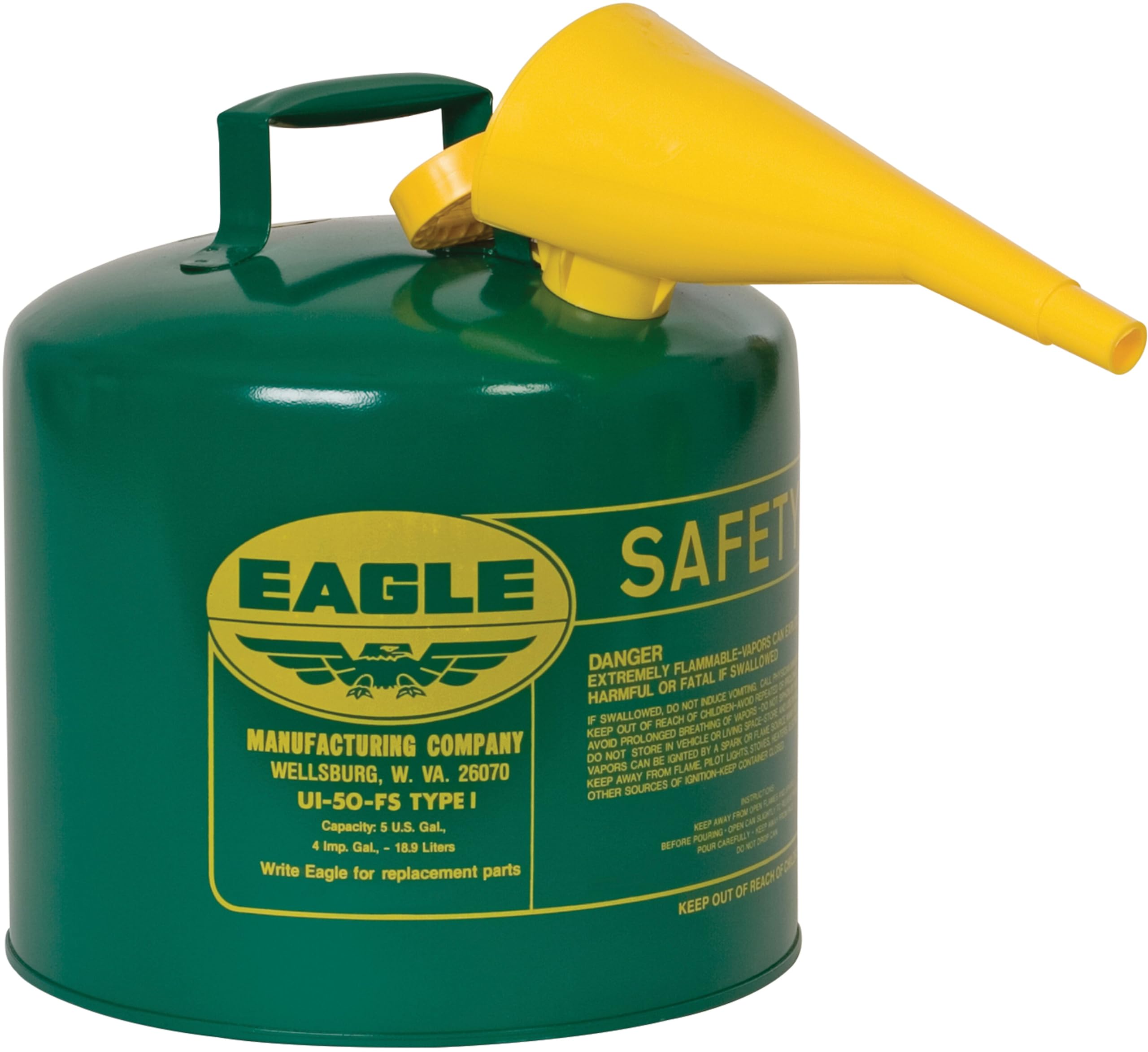 Eagle 5 Gallon Green Type I Safety Gas Can for Oil and Other Combustibles with Flame Arrester, Self-Closing Lid, and F-15 Funnel, Made in the USA, Galvanized Steel Flammable Storage Can, UI50FSG