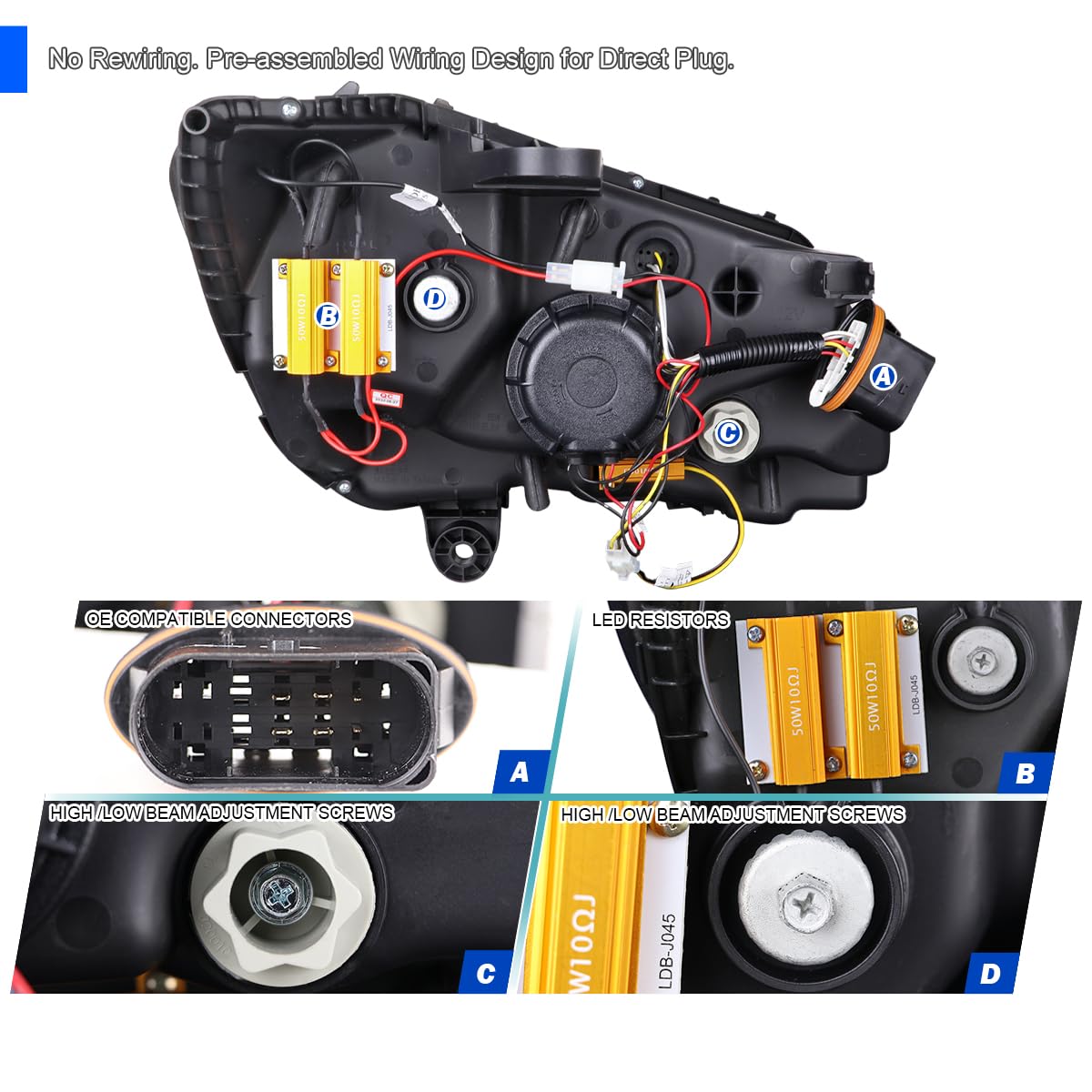 Sequential Signal Tube Full LED Projector Headlights SPEC-D TUNING Compatible with 2015-2018 Mercedes Benz W205 C-Class Left + Right Pair Headlamps Assembly