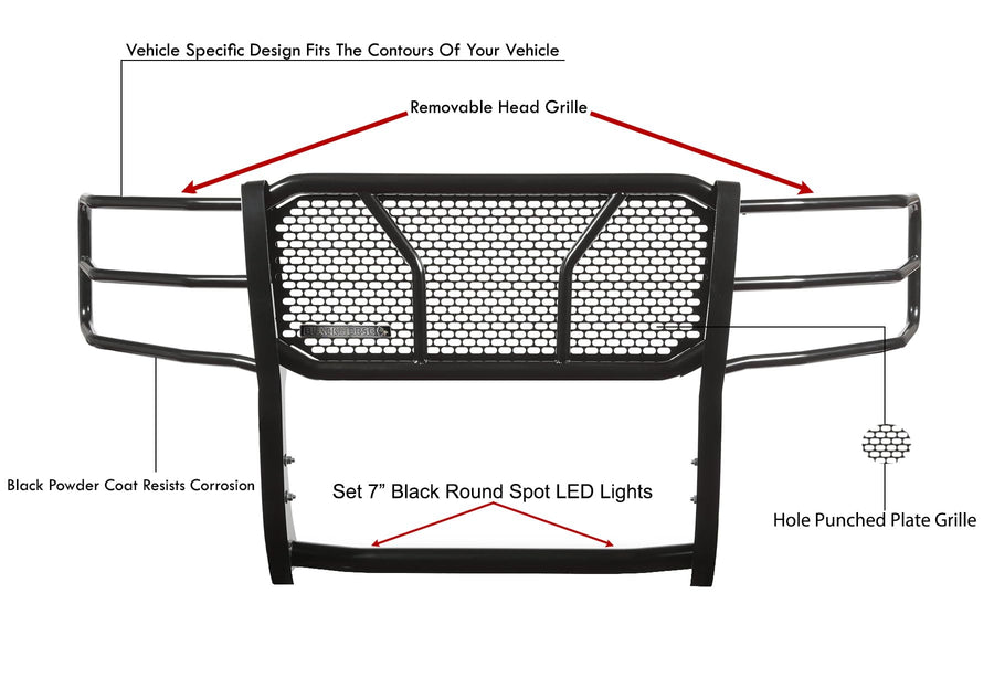 Heavy Duty Black Horse RUGGED Grille Brush Bumper Guard Modular Come With pair of 7.0"Dia.LED Lights with Black Trim Rings Compatible with 2015-2019 GMC Sierra 2500 HD/3500 HD-RU-GMSI15-B-PLB