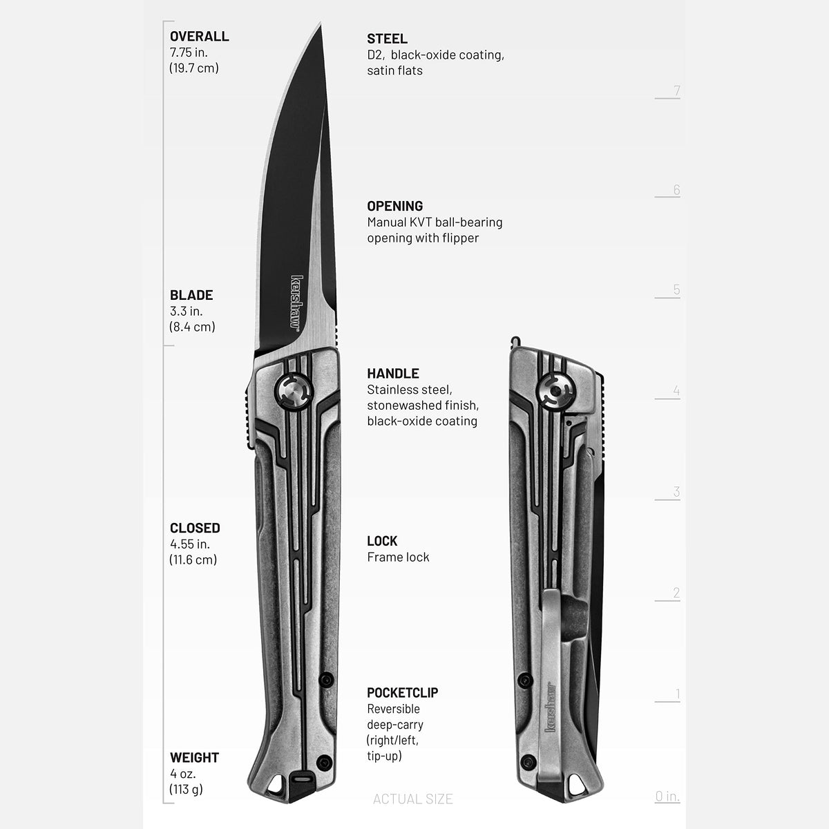 Kershaw Pocket Knife Noventa, 3.3 inch Stonewashed D2 Steel Blade with KVT Ball Bearings, Stainless Steel Handle, Pocketclip,black