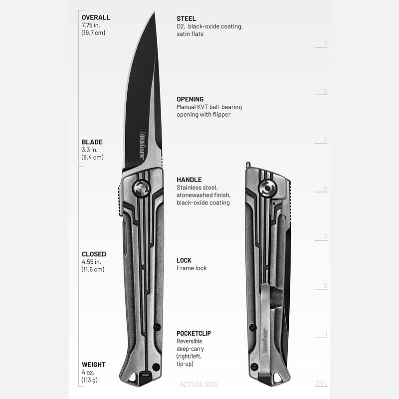 Kershaw Pocket Knife Noventa, 3.3 inch Stonewashed D2 Steel Blade with KVT Ball Bearings, Stainless Steel Handle, Pocketclip,black