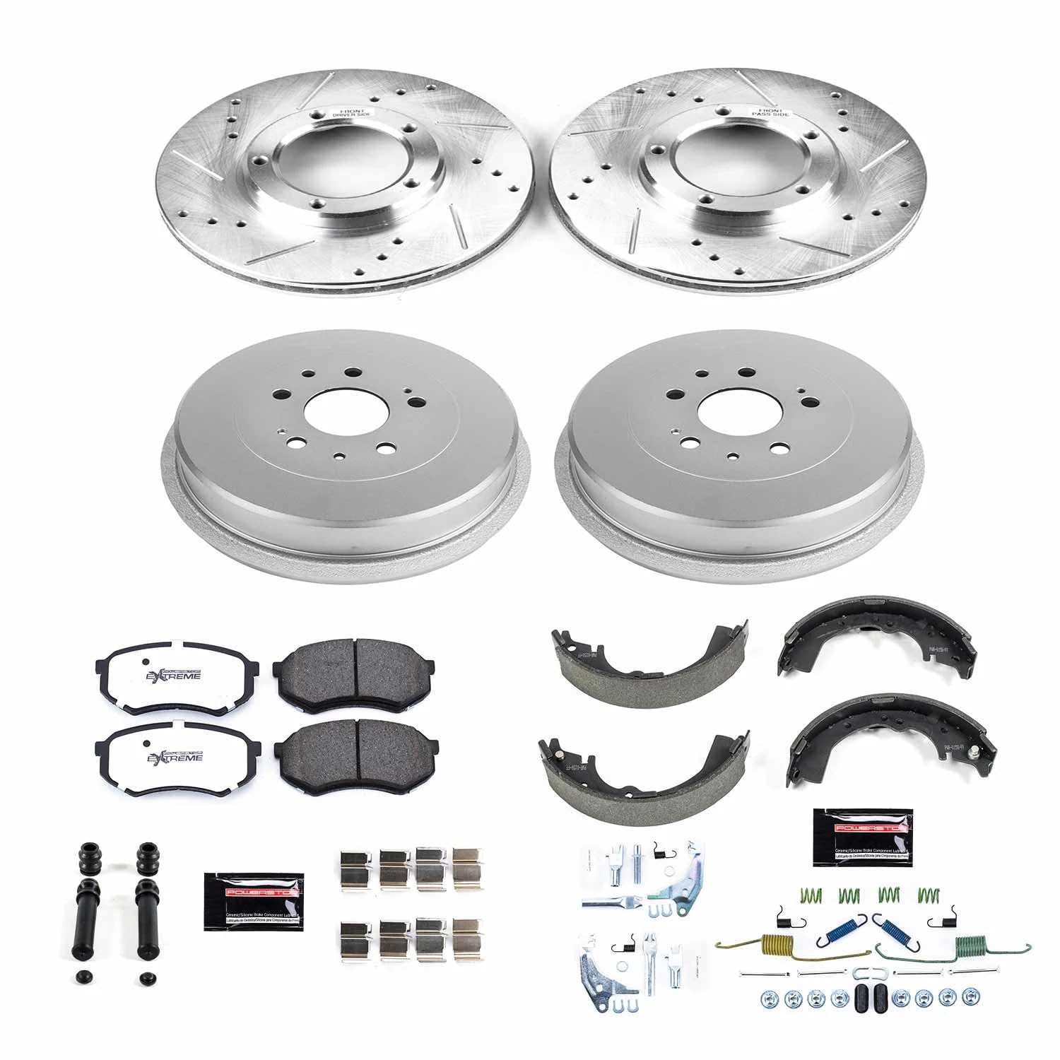 Power Stop K15039DK-36 Z36 Truck & Tow Front and Rear Brake Kit, Carbon Fiber Ceramic Brake Pads and Drilled/Slotted Brake Drums For Toyota Tacoma 1995-2004 [Model Specific]