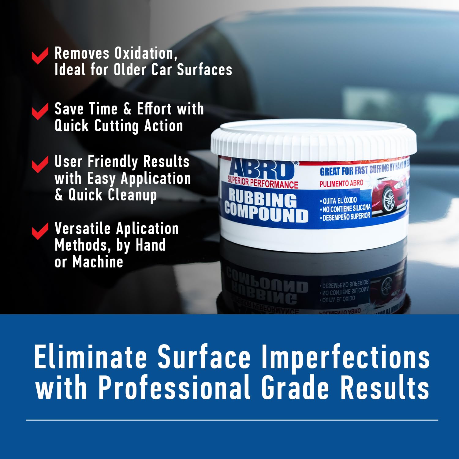 ABRO Automotive Superior Performance Rubbing Compound for Oxidized Finishes, Buff, Shine, Smooth, & Clean, Scratch Remover for Vehicles, Boats, & Bikes - 10 oz.