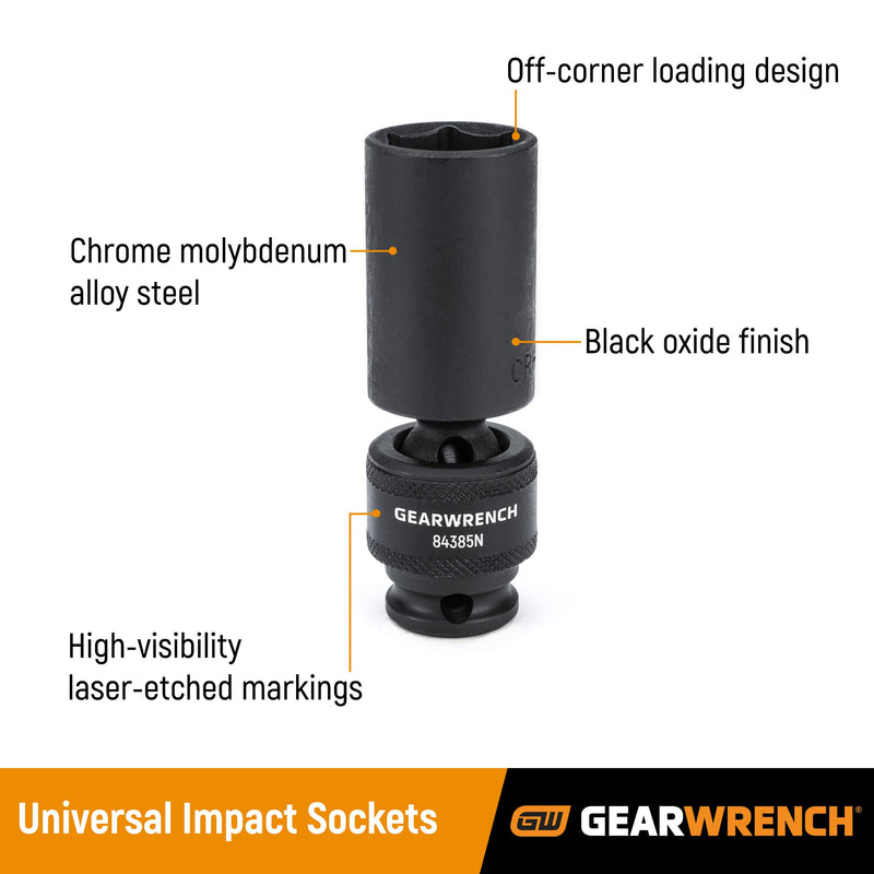 10 Pc. GEARWRENCH 1/2" Drive 6 Pt. Deep Universal Impact Socket Set, Metric - 84945N