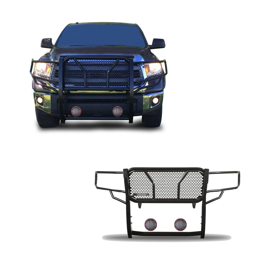 Heavy Duty Black Horse Rugged Grille Brush Bumper Guard Modular Black Come with Pair of 5.3" Dia.LED Lights with Red Trim Rings Compatible with 2007-2020 Tundra|2008-2022 Sequoia-RU-TOTU07-B-PLFR