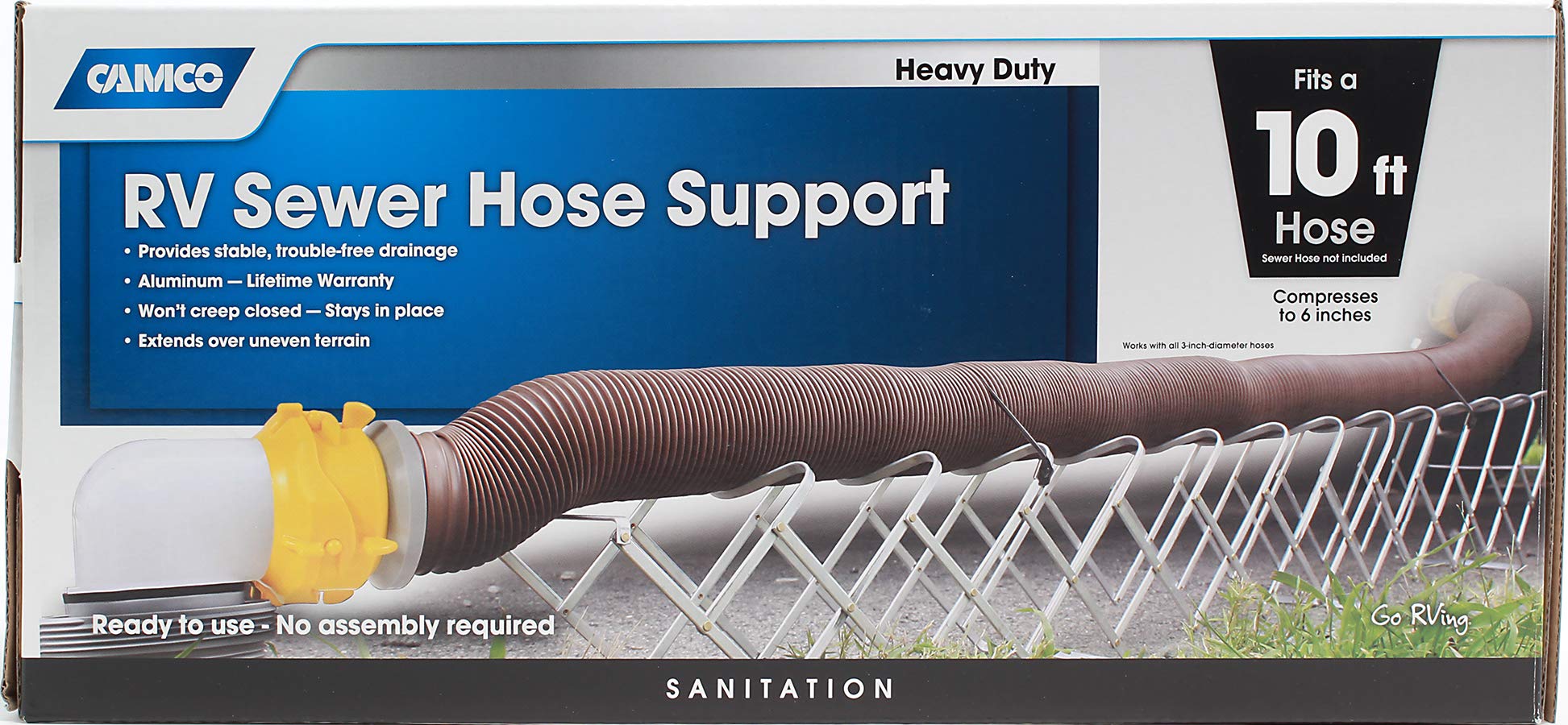 Camco Sewer Hose Support Aluminum, Supports Hoses Up to 10', Includes Strap Kit to Secure Your Hose in Place, Durable Construction, Lightweight Design, 40351
