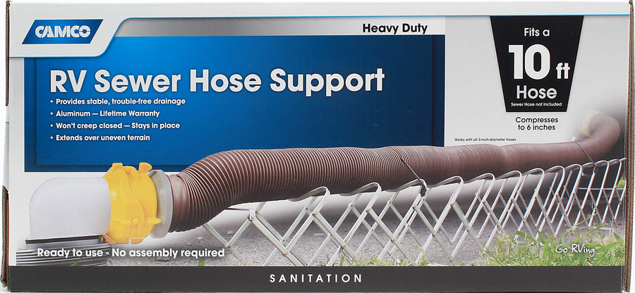 Camco Sewer Hose Support Aluminum, Supports Hoses Up to 10', Includes Strap Kit to Secure Your Hose in Place, Durable Construction, Lightweight Design, 40351