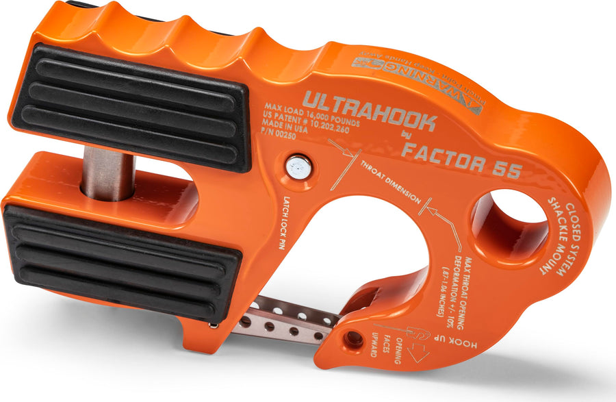 Factor 55 Closed System Shackle Pin Mount Ultrahook, Designed for Steel Cables and Synthetic Ropes - Orange