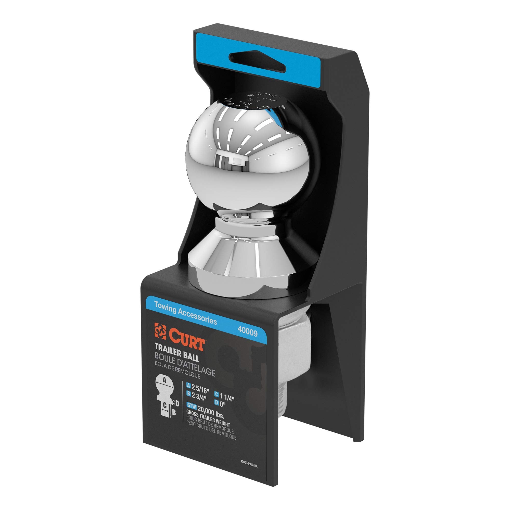 CURT Chrome Trailer Hitch Ball 40009, 20,000 lbs, 2-5/16-Inch Diameter, 1-1/4 x 2-3/4-Inch Shank