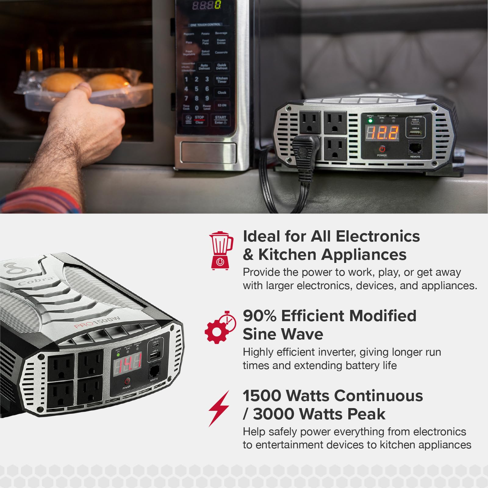Cobra 1500W PRO Professional Grade Power Inverter, Portable – 1500-Watt Car Charger, 4 Grounded AC Outlets, 2 Fast Charge USB Ports and Remote Controller (CPIALCDG1) Compatible
