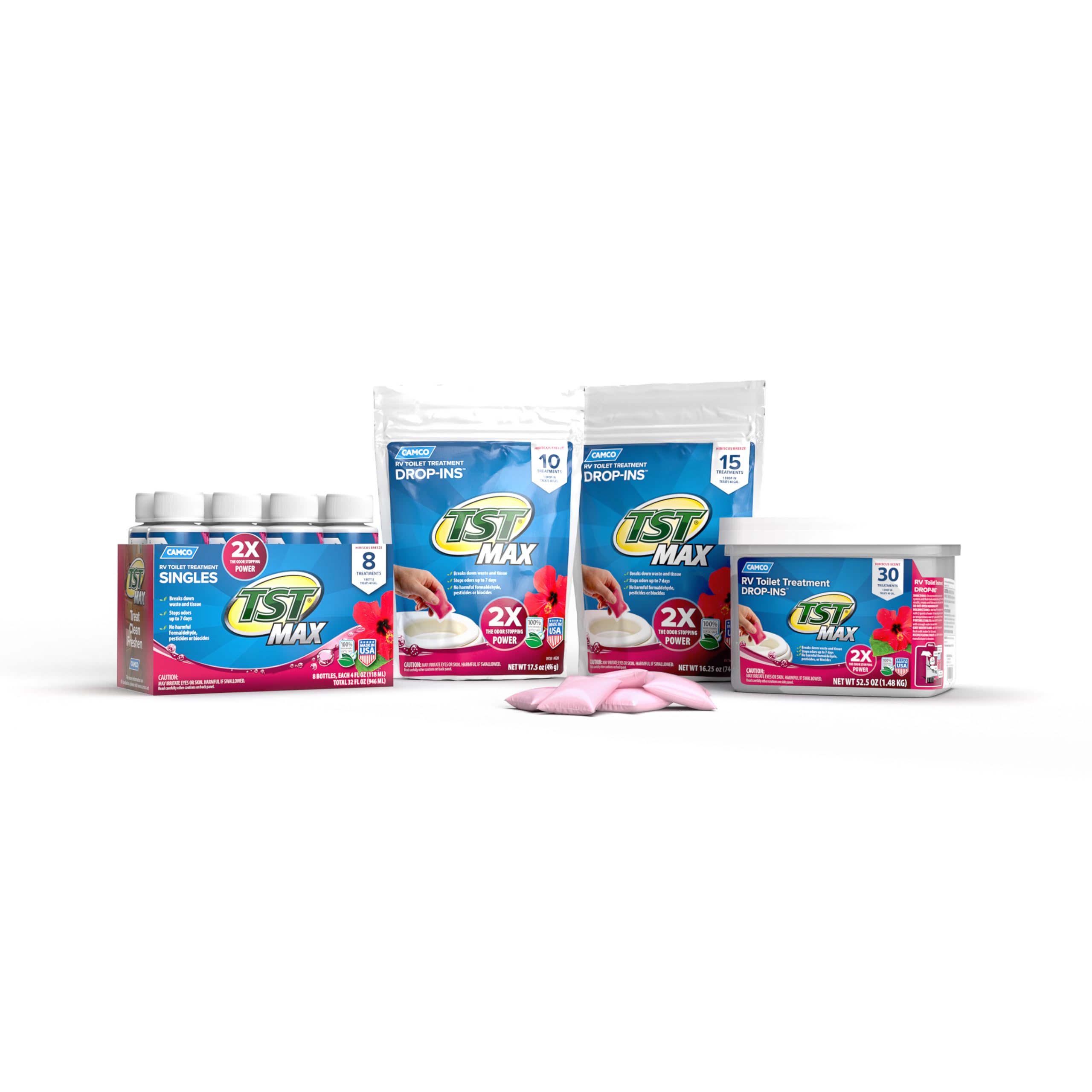 Camco TST MAX Drop-INs RV Toilet Treatment - Control Unwanted Odors & Break Down Waste and Tissue - Safe Septic Tank Treatment - Hibiscus Breeze Scent, 15-Pack (41600)