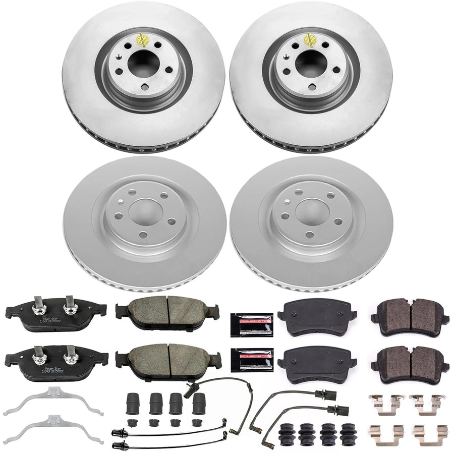 Power Stop CRK6132 Brake Rotor Coated and Ceramic Brake Pads- Front & Rear and 1 Front & 2 Rear Sensor Wires For Audi A7 Quattro 2012 [Model Specific]