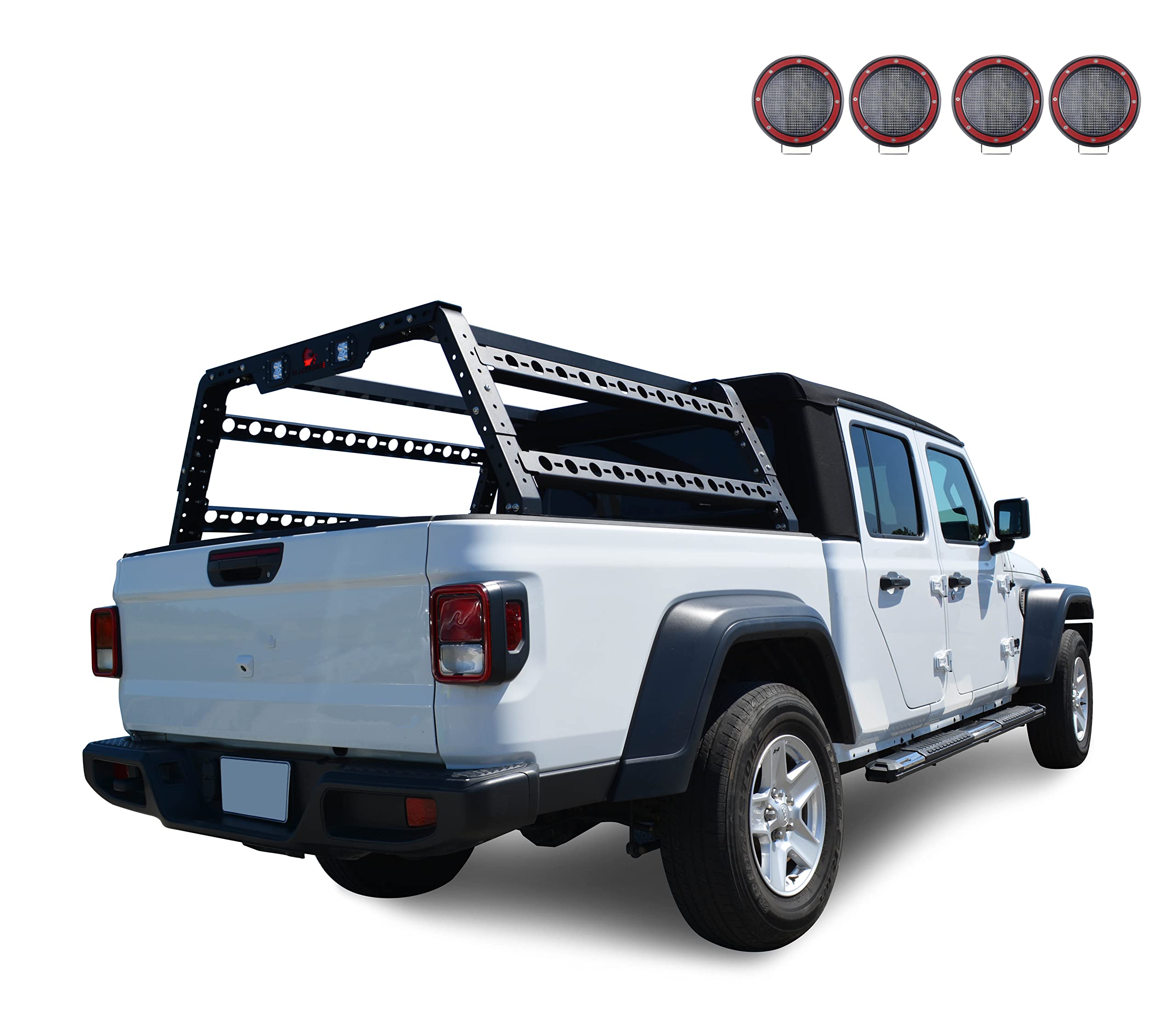Overland Black Horse Bed Rack Incl. Set of 5.3" Dia.LED Lights w/Red Trim Rings Compatible with Full Size and Small Trucks, Dodge Ram, Gladiator, Titan, GMC, Chevrolet, Ford, Frontier-TR01B