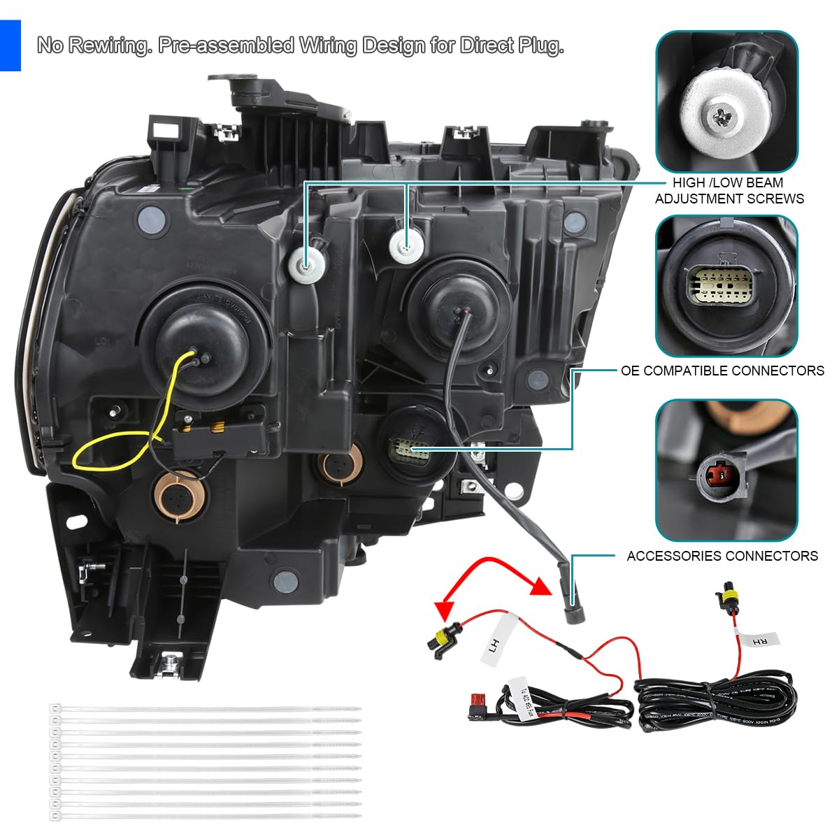 Dual Projector Headlights SPEC-D TUNING Black w/Sequential LED Turn Signal and Startup Animation Compatible with 2019-2024 Dodge Ram 2500, 3500, 4500, Left + Right Pair Headlamps Assembly