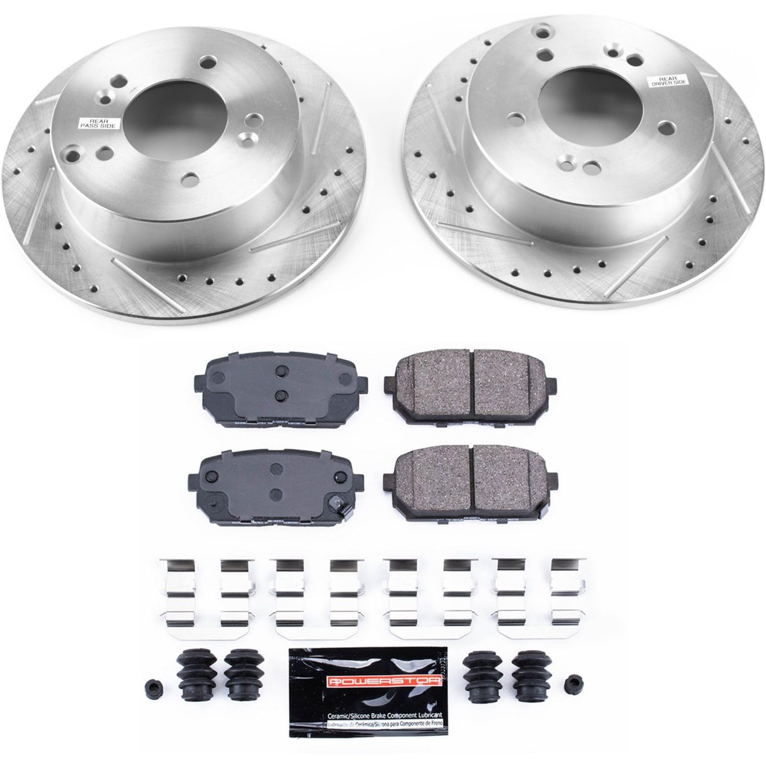 Rear Power Stop K5853 Z23 Carbon Fiber Brake Pads with Drilled & Slotted Brake Rotors Kit For Kia Rondo 2007-2010 [Model Specific]
