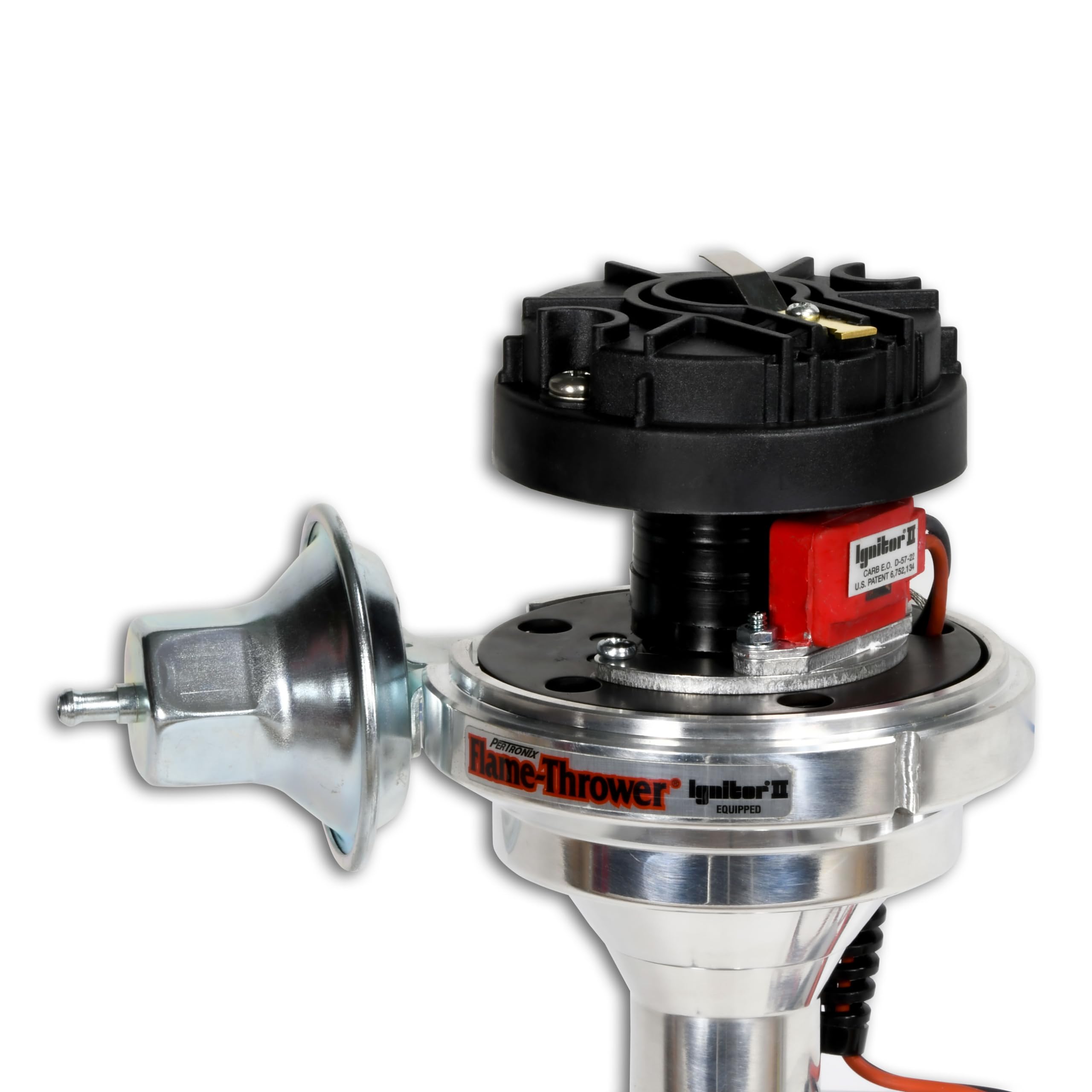 FLAME-THROWER PERTRONIX BILLET DISTRIBUTOR WITH IGNITOR II ELECTRONICS FOR GM 216,235,261 L6 and Toyota F,2F ENGINES. VACUUM ADVANCE WITH BLACK FEMALE STYLE CAP.