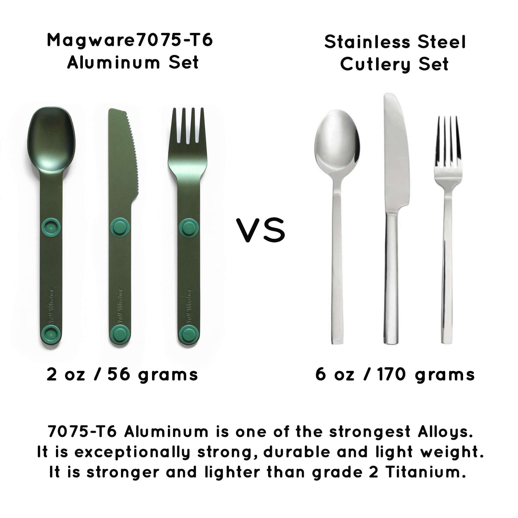 MAGWARE - FULL WINDSOR Magnetic Camping Cutlery Set - Travel Utensils for Camping, Cooking, and Outdoor Dining - Knife, Fork & Spoon - Portable Silverware with Pouch - Green (3 PCS)