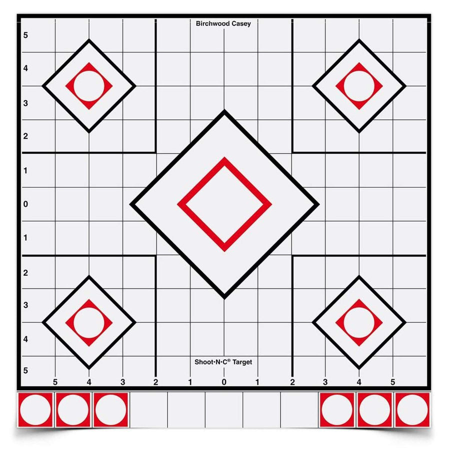 BIRCHWOOD CASEY 12" Shoot-N-C White & Black Reactive Sight-In Target - Highly Visible Instant Feedback Self-Adhesive Shooting Target Stickers with Repair Paster - 5 Targets, 55 Pasters