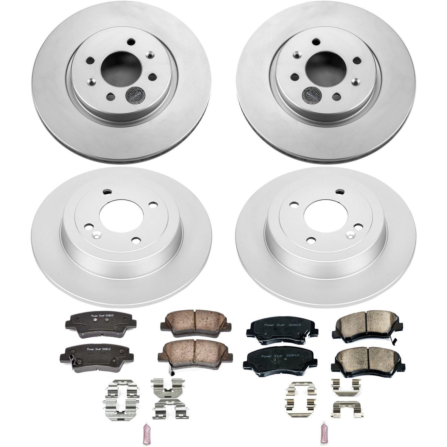Power Stop CRK6500 Brake Rotor Coated and Ceramic Brake Pads- Front & Rear For Kia Rio 2012-2017 [Model Specific]