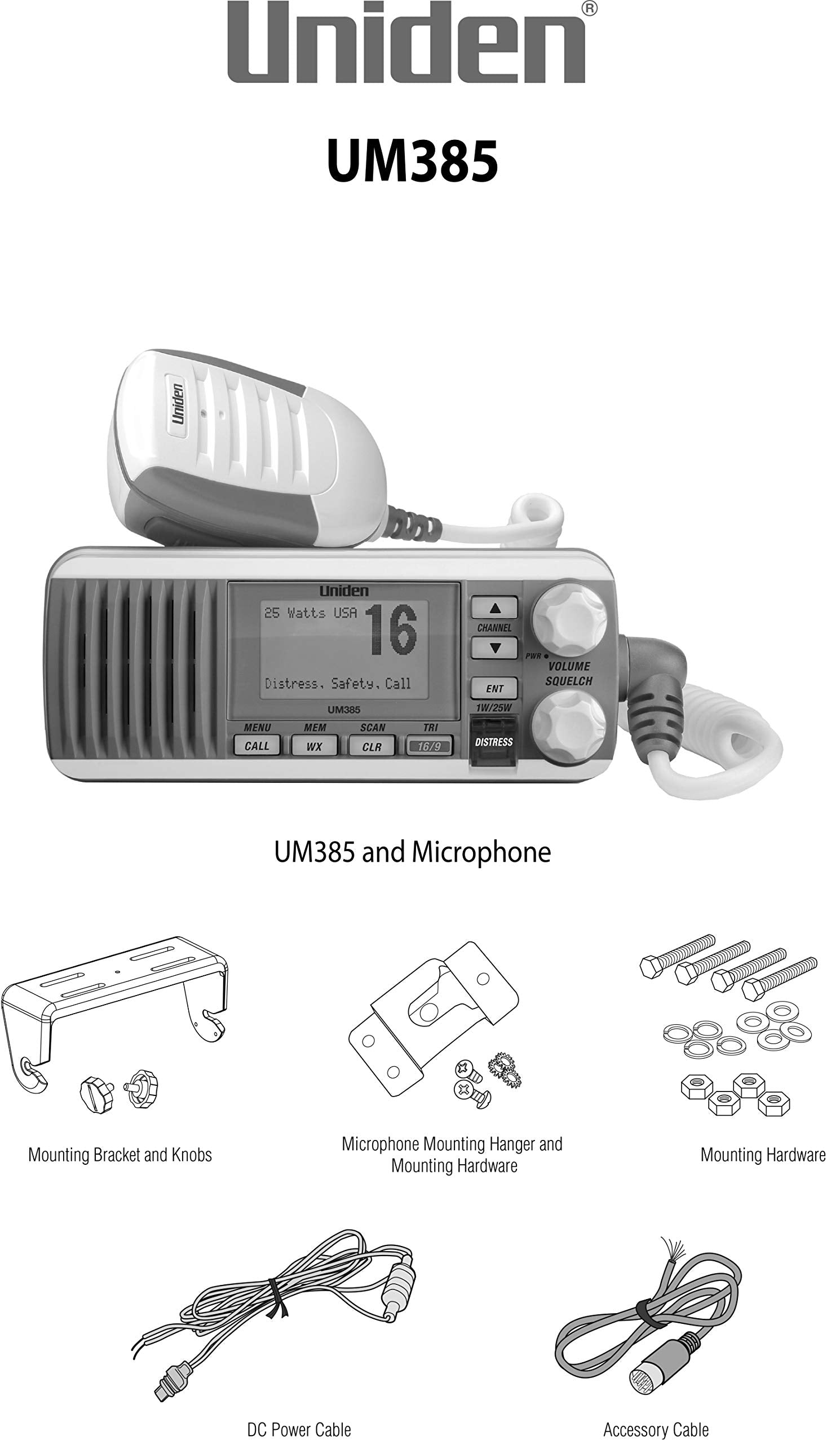 25 Watt Uniden UM385 Fixed Mount Marine Vhf Radio, Waterproof IPX4 with Triple Watch, Dsc, Emergency/Noaa Weather Alert, All Usa/International/Canadian Marine Channels, Memory Channel Scan, White