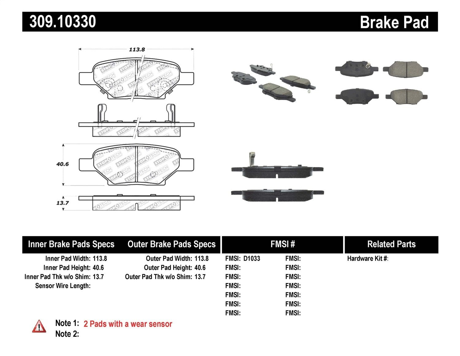 Sport Brake Pads StopTech 309.10330 with Shims and Hardware
