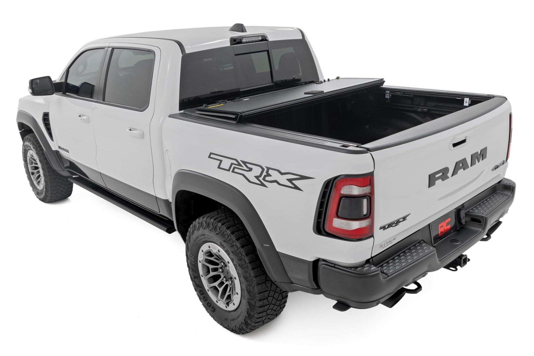 Rough Country Hard Tri-Fold Truck Bed Flip Up Tonneau Cover for Dodge Ram 1500 (2019-2025) TRX (2021-2025) - Flush Aluminum Bed Cover, Fits 5'7" (66.7") Bed