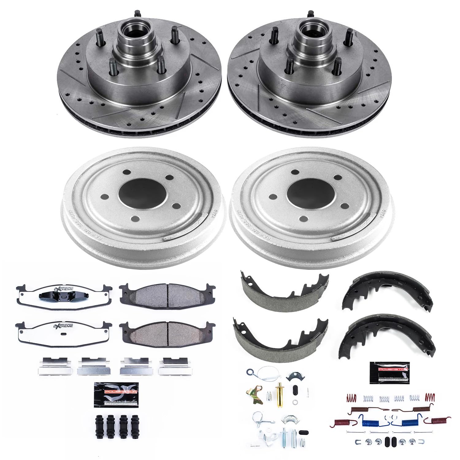 Power Stop K15091DK-36 Z36 Truck & Tow Front and Rear Brake Kit, Carbon Fiber Ceramic Brake Pads and Drilled/Slotted Brake Drums For Ford E-150 Econoline, Ford F-150 [Model Specific]