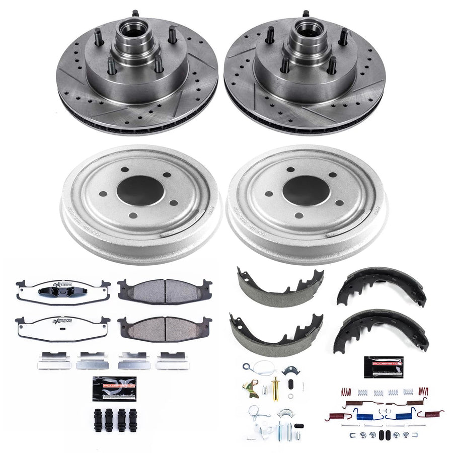 Power Stop K15091DK-36 Z36 Truck & Tow Front and Rear Brake Kit, Carbon Fiber Ceramic Brake Pads and Drilled/Slotted Brake Drums For Ford E-150 Econoline, Ford F-150 [Model Specific]