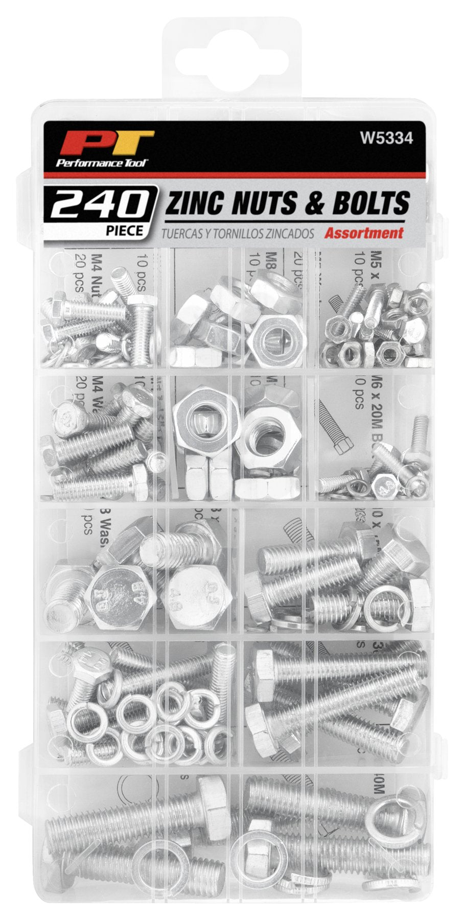 W5334 Performance Tool 240pc Zinc Nuts & Bolts Assortment With Case