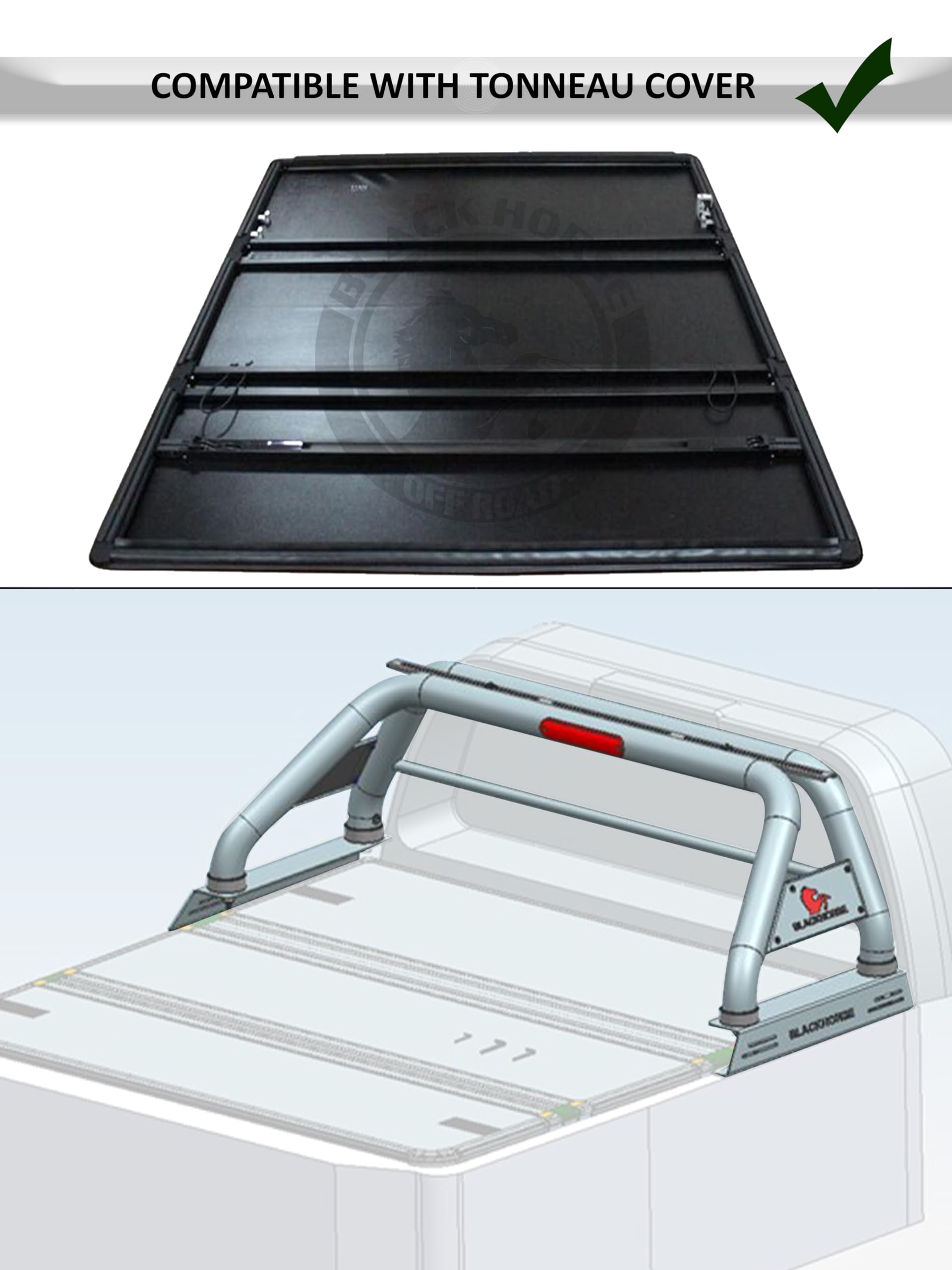 Classic Black Horse Roll Bar incl. Pair of 7.0" Dia. LED Lights w/Black Trim Rings Stainless Steel Compatible with 2020-2024 Jeep Gladiator-RB09SS-PLB