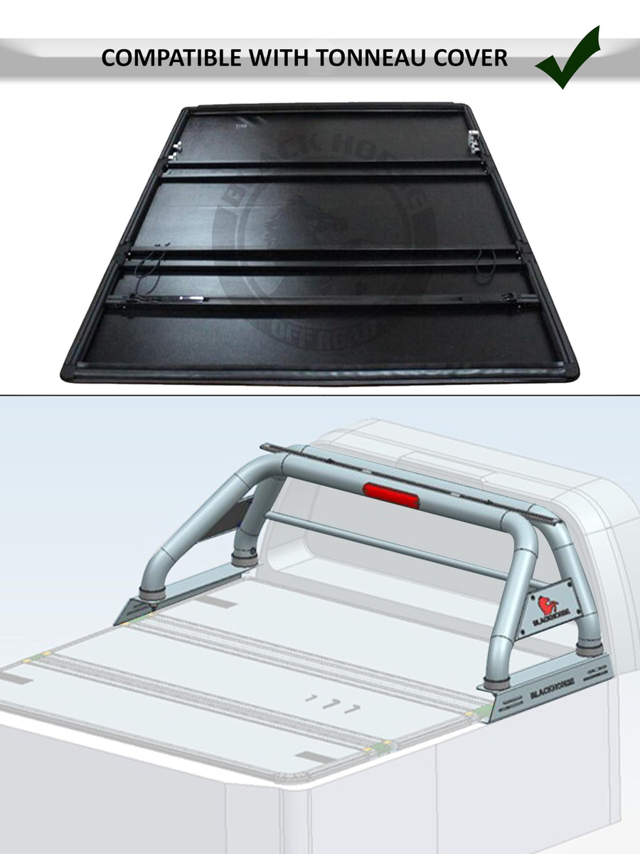 Classic Black Horse Roll Bar incl. Pair of 7.0" Dia. LED Lights w/Black Trim Rings Stainless Steel Compatible with 2020-2024 Jeep Gladiator-RB09SS-PLB