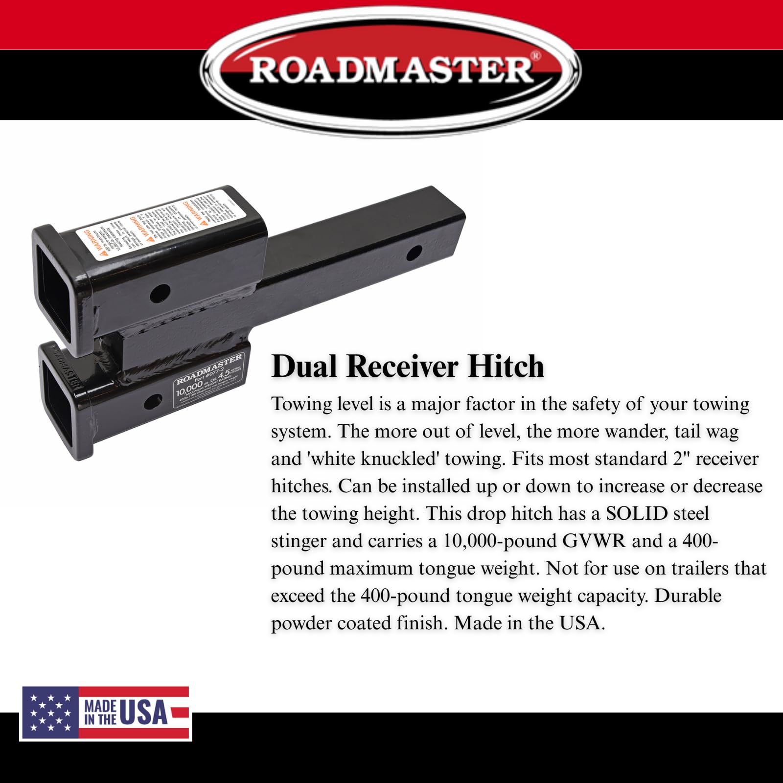 Dual Receiver Hitches Roadmaster 077-2 with 2" Top and Bottom Offset fits 2" Receiver Hitch | 10,000 lbs Towing Capacity | 400 lbs Max Tongue Weight | Durable Powder Coat Finish | Made in The USA