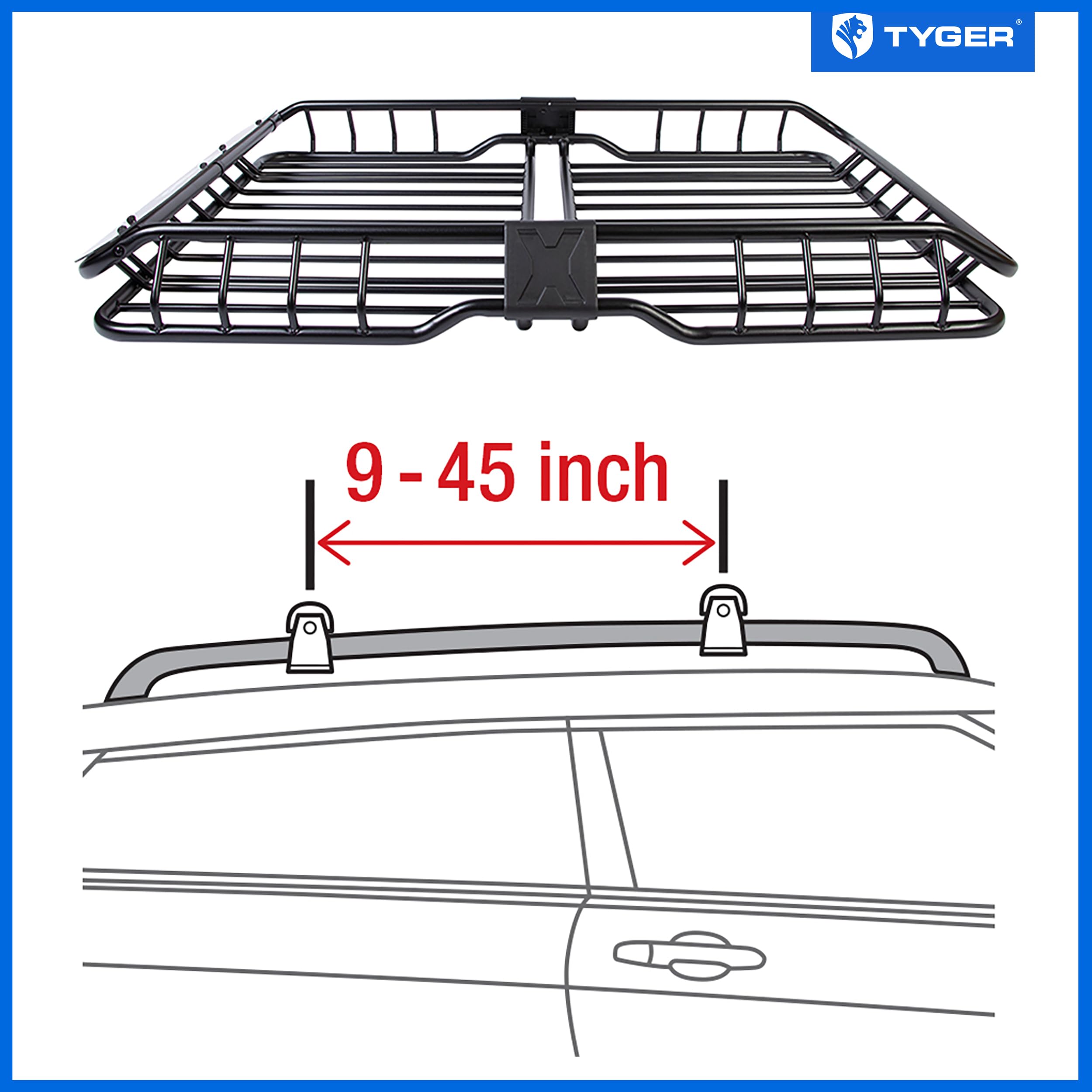 Tyger Auto Heavy Duty TG-RK1B942B Roof Mounted Cargo Basket Rack | L57.5 x W42 x H6 | Roof Top Luggage Carrier | with Wind Fairing, Black