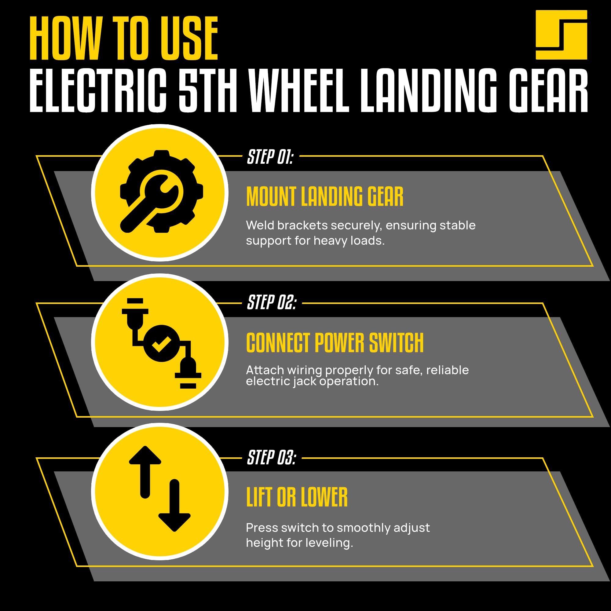 5th Wheel Electric Stromberg Carlson Landing Gear with 5,000 lb Capacity, Weld-On Steel Construction, IP Rated Switch, Trailer Jack Stand, RV Jacks & Stabilizers - 80 RPM, 29.5” Legs, Black