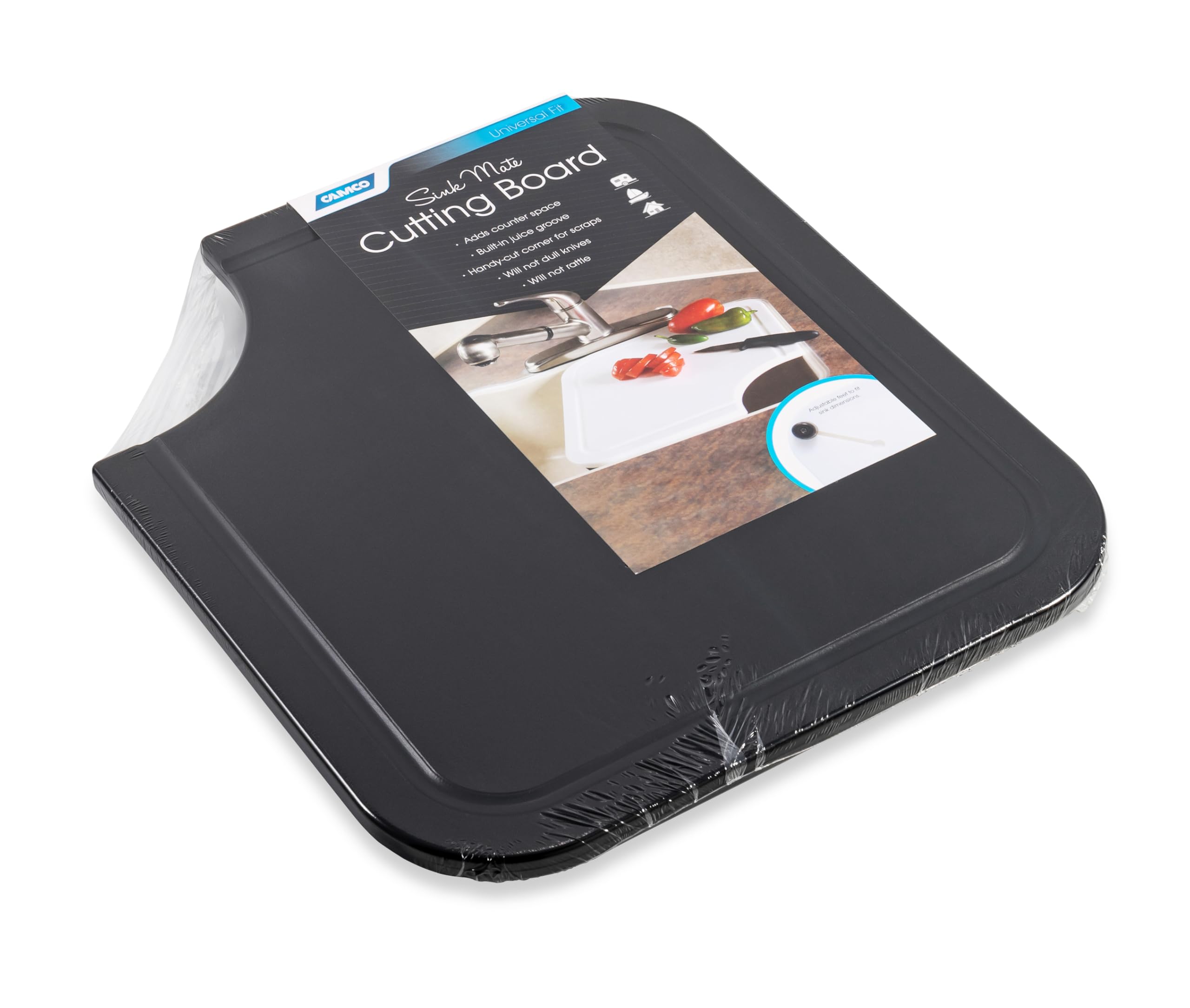 Camco Sink Mate RV/Marine Cutting Board 12½-Inches x 14 ½-Inches - Fits Securely Over Your RV or Boat's Kitchen Sink - Ideal for Cleaning, Carving and Chopping - Black (43858)