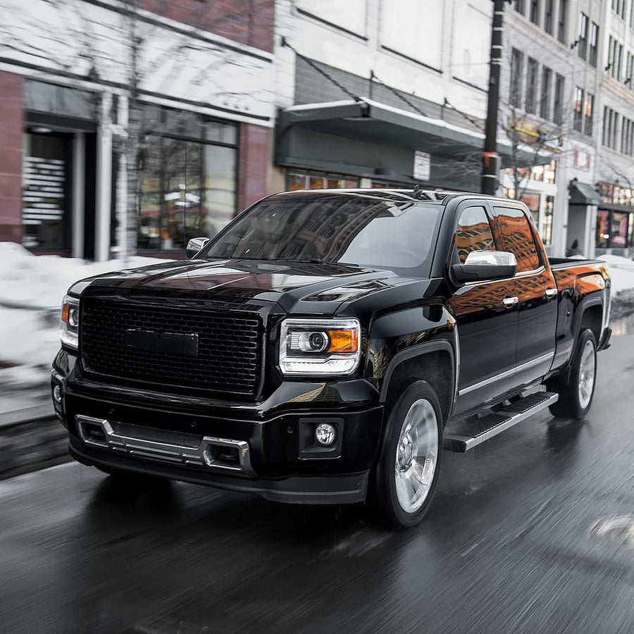 Denali Style Spec-D Tuning Polished Black Front Bumper Mesh Hood Grille Compatible with 2014-2015 GMC Sierra 1500