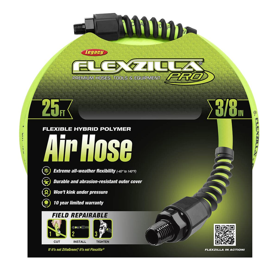3/8 in. Flexzilla Pro Air Hose, 25 ft., Heavy Duty, Lightweight, Hybrid, ZillaGreen - HFZP3825YW2