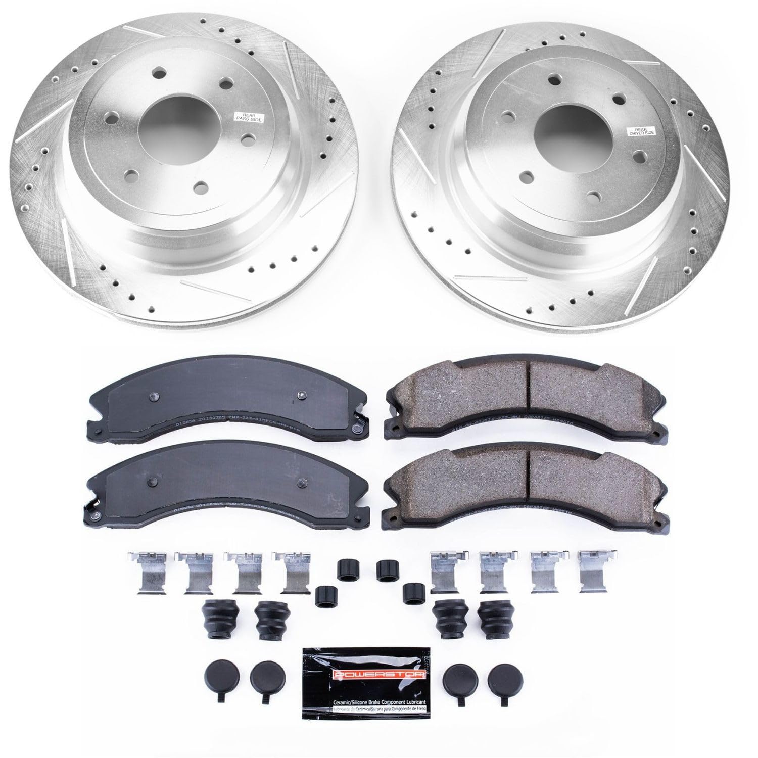 Power Stop K7877 Rear Brake Pads Z23 Carbon Fiber with Drilled & Slotted Brake Rotors Kit For Nissan TITAN XD 2016-2022 [Model Specific]