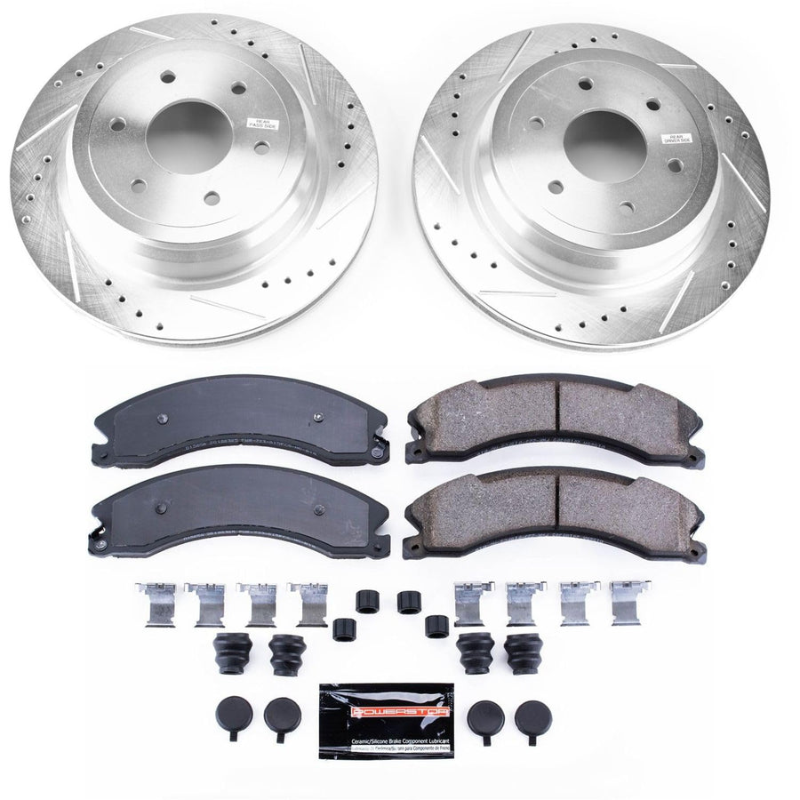 Power Stop K7877 Rear Brake Pads Z23 Carbon Fiber with Drilled & Slotted Brake Rotors Kit For Nissan TITAN XD 2016-2022 [Model Specific]