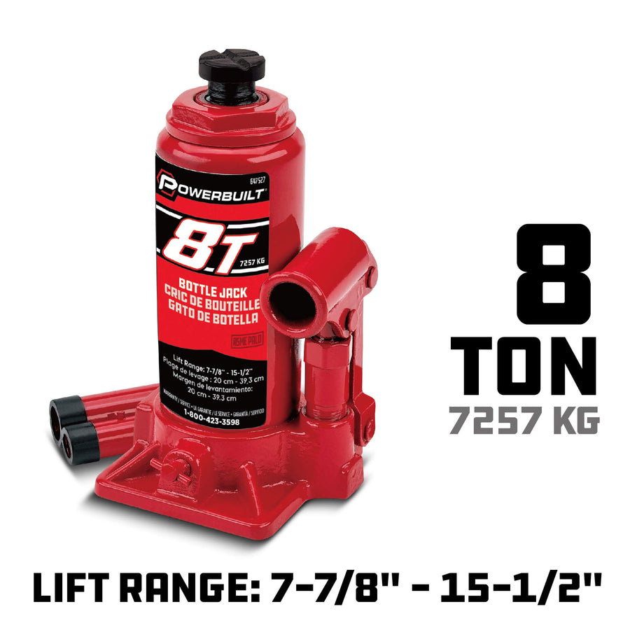 Powerbuilt 8 Ton Heavy Duty Bottle Jack, 16000 Pounds Capacity Hydraulic Vehicle Lift with Stable Base, Lifting Range: 7-1/2-Inch to 15-1/2-Inch - 647527, black