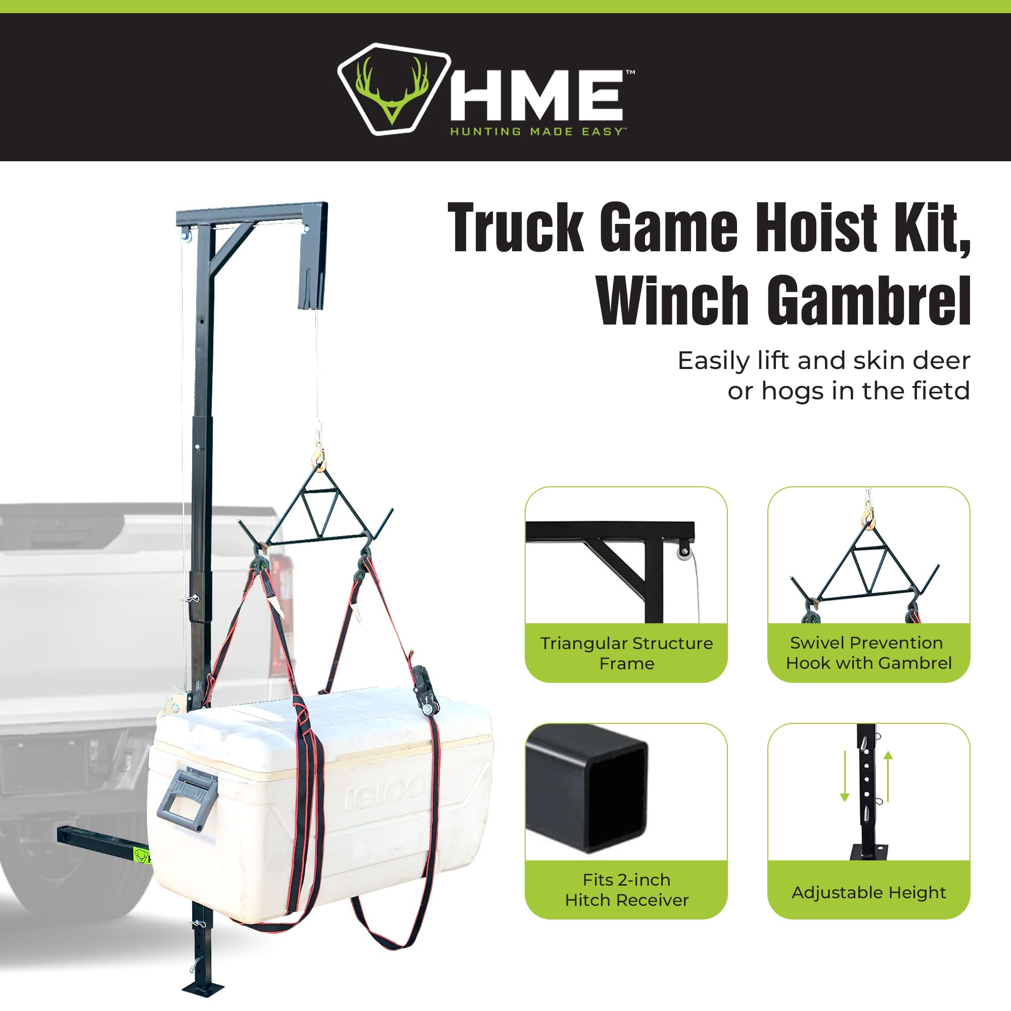 HME Game Hoist Truck Hitch Complete Kit with Winch and Gambrel, 400 lb Capacity - Hunting Game Skinning and Cleaning Accessory with 360-Degree Swivel Shaft and Adjustable Height