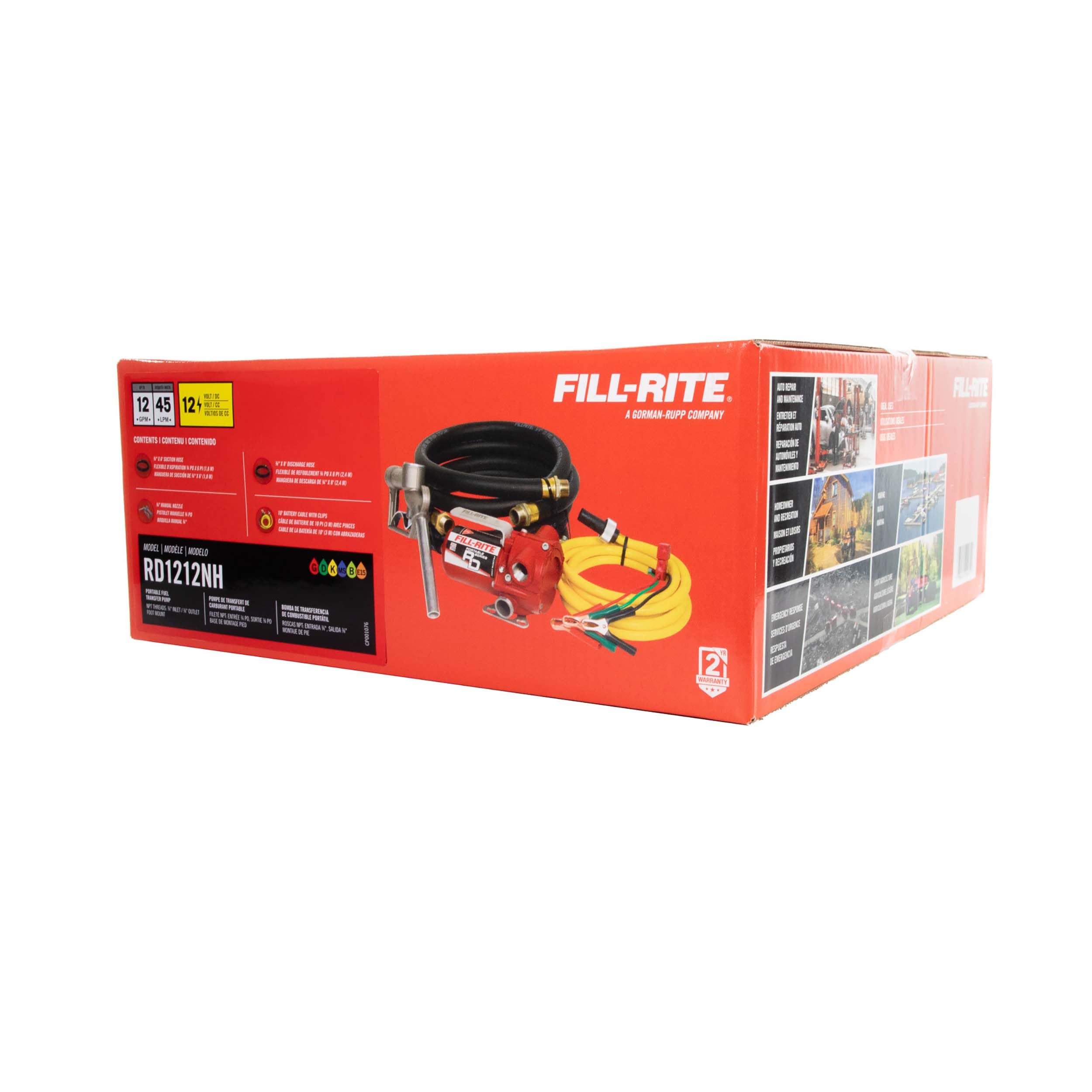 Fill-Rite 12V RD1212NH 12 GPM Portable Fuel Transfer Pump w/Discharge Hose, Manual Nozzle, Power Cable, & Suction Hose