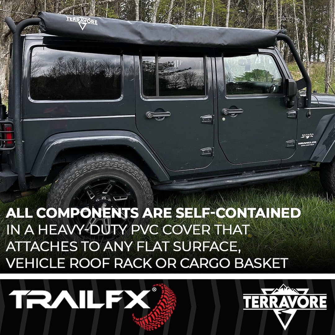 TrailFX 8 Foot Length Roof Rack Mounted Awning x 8 Foot Extension Terravore Manual Tan 420D Oxford Polyester Canopy with Black Weather Cover Aluminum Frame and Poles AWN003 TrailFX