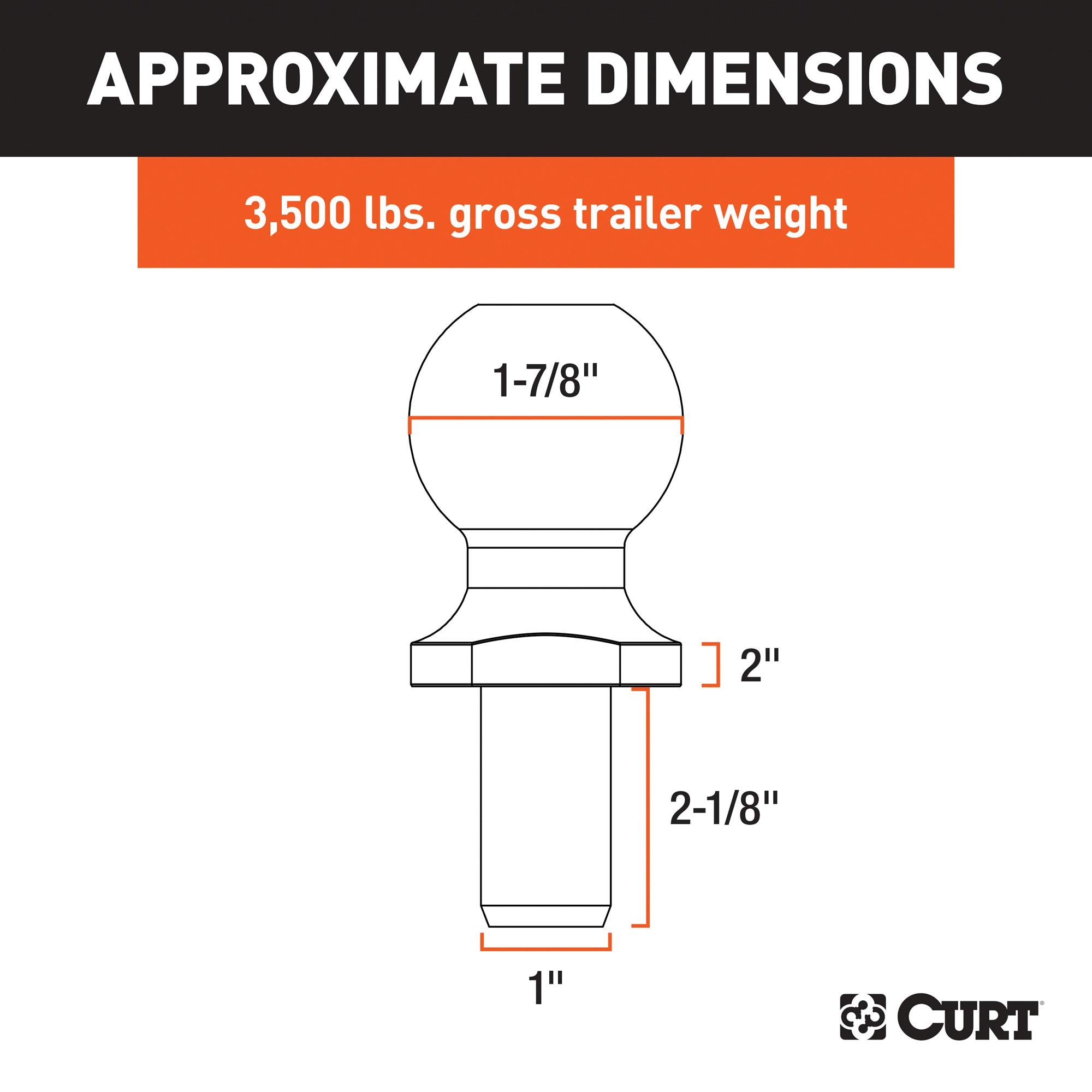 CURT Chrome Trailer Hitch Ball 40032, 3,500 lbs, 2-Inch Rise, 1-7/8-Inch Diameter, 1 x 2-1/8-Inch Shank