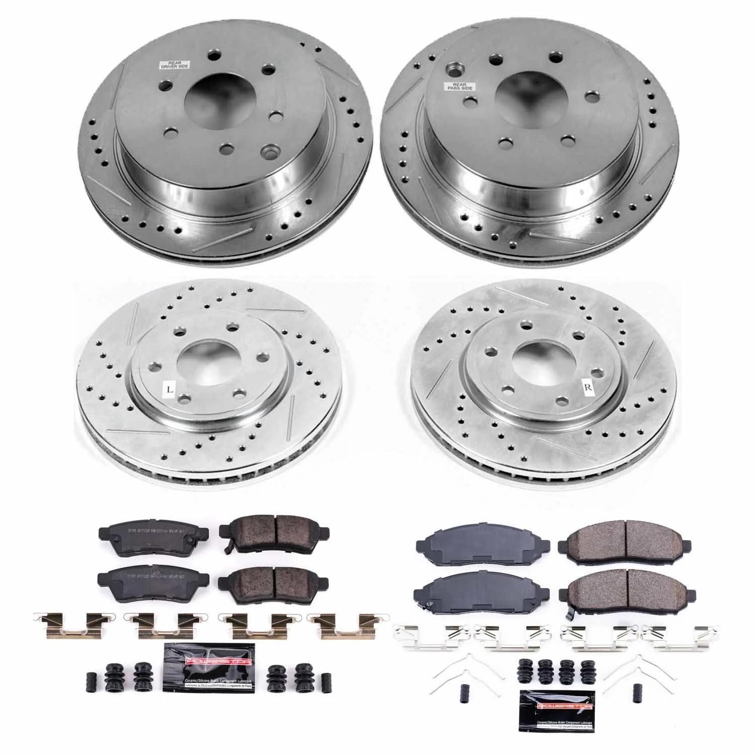 Power Stop K8357 Z23 Carbon Fiber Brake Pads Front and Rear with Drilled & Slotted Brake Rotors Kit For Nissan Frontier 2016-2019 [Model Specific]