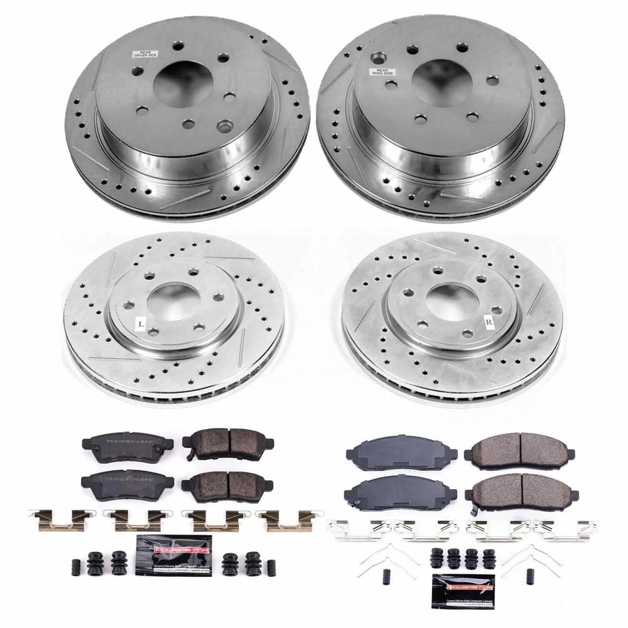 Power Stop K8357 Z23 Carbon Fiber Brake Pads Front and Rear with Drilled & Slotted Brake Rotors Kit For Nissan Frontier 2016-2019 [Model Specific]