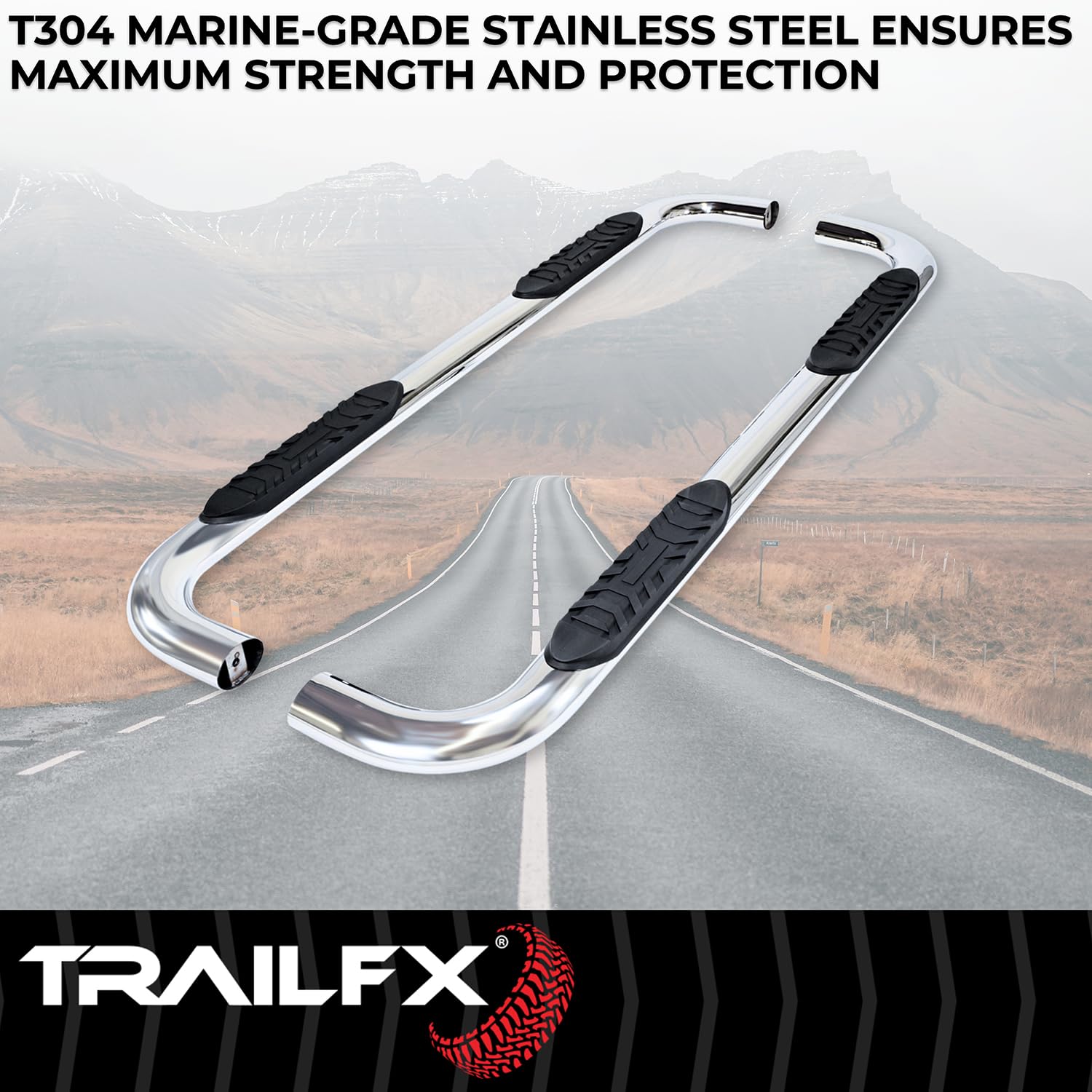 TrailFX Nerf Bars 4 Inch Oval Fits Ram 1500 Quad Cab 2019-2025 Polished Marine-Grade Stainless Steel with Slip-Resistant Step Pads Rocker Panel Mount Set of 2 Running Boards
