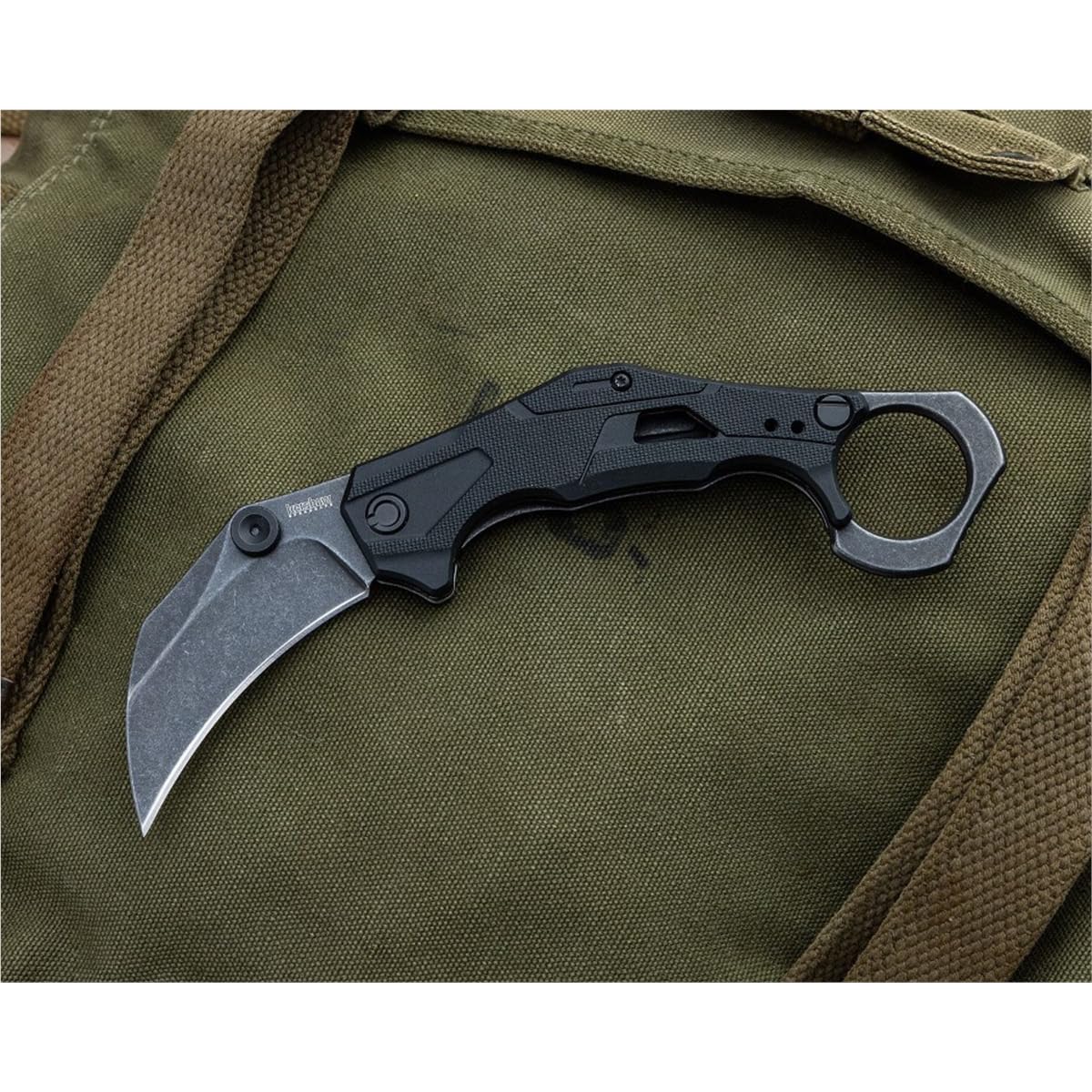 Kershaw Tactical Outlier, Karambit Style Folding Pocket Knife with Assisted Opening, Reverse Grip, Blackwash Finish on Black Handle, Liner Lock, 2.6 inch Blade with Deep Carry Pocketclip